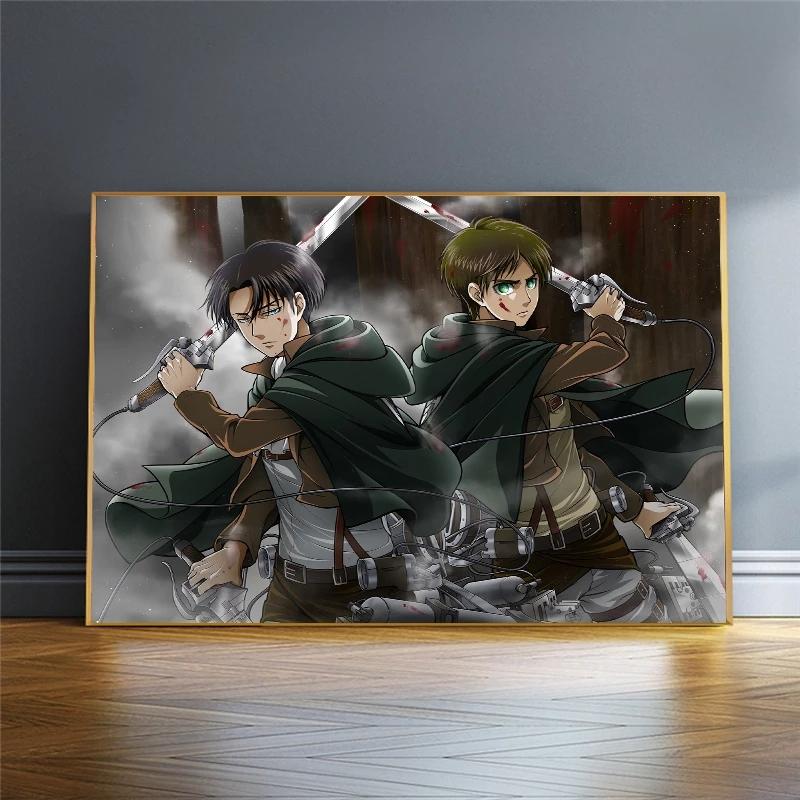 Solid Wood Frame Wall Art Attack On Titan Canvas Paintings Modular Levi Ackerman Pictures HD Printed Anime Poster Living Room Home Decor