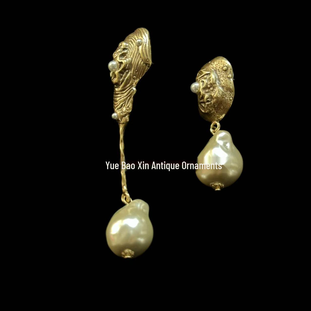 European Retro Baroque Glass Pearl Earrings with Asymmetrical Gold & Silver Studs