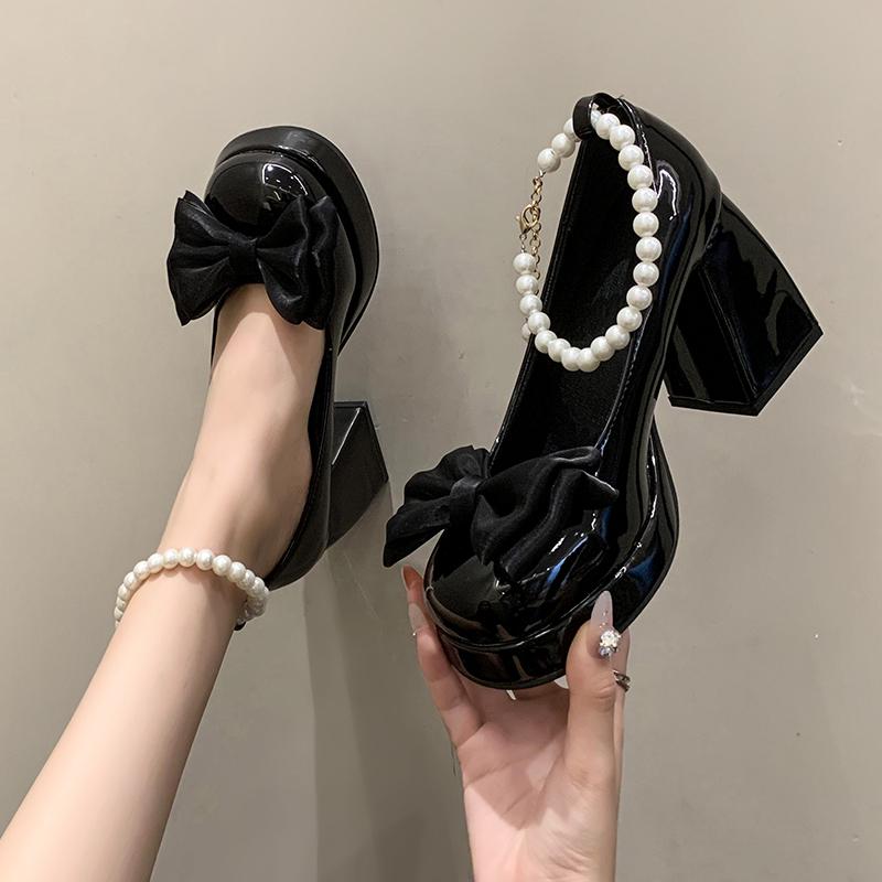 Fashion Mary Jane High Heels, Feminine Pearl Bow Small Leather Shoes,  Autumn New Style, Paired with Skirts and Worn Over A Single Shoe