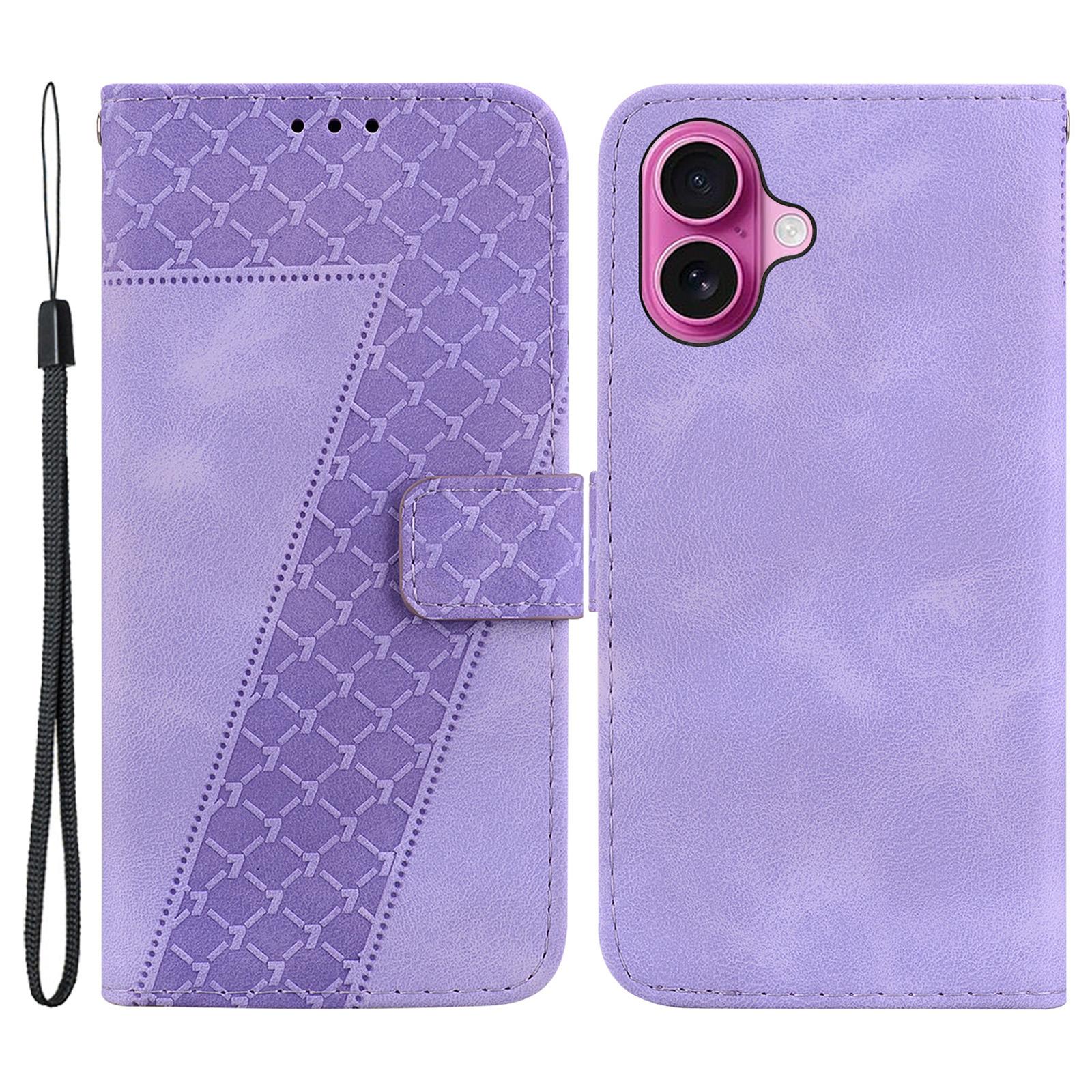 

For iPhone 16 Plus Case 7-Shaped Pattern Leather Shockproof Phone Cover Purple