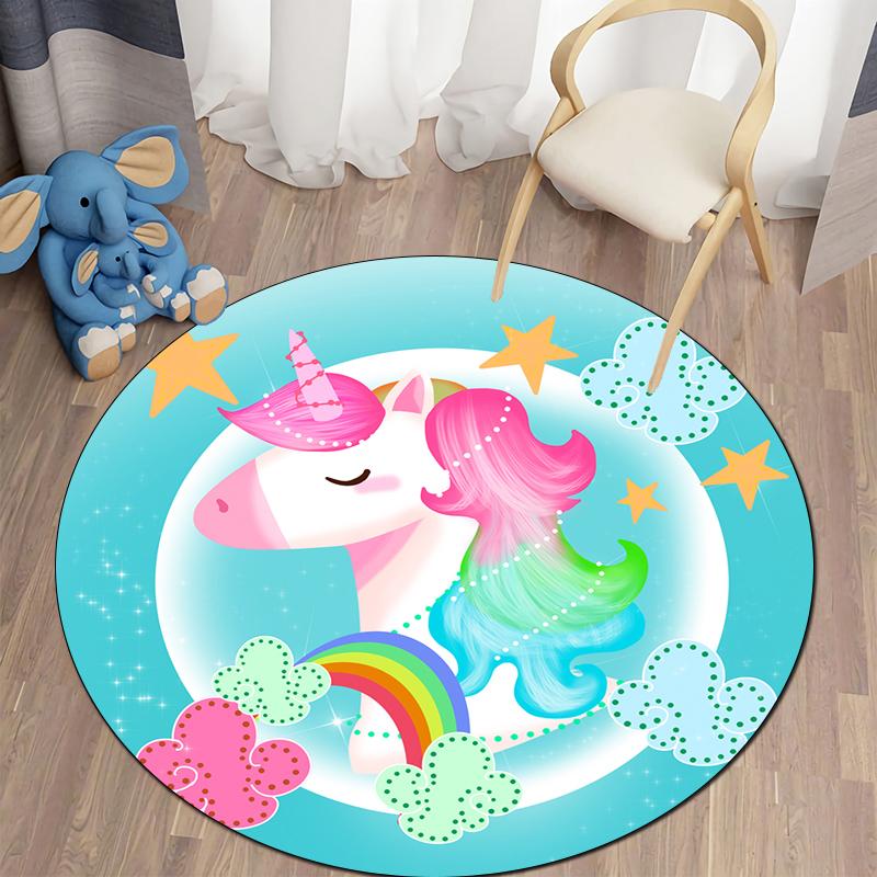 Alfombra redonda con bonitos dibujos de unicornios para dormitorio de niños, alfombra antideslizante para gatear, alfombra para sala de estar, felpudo decorativo para el baño
