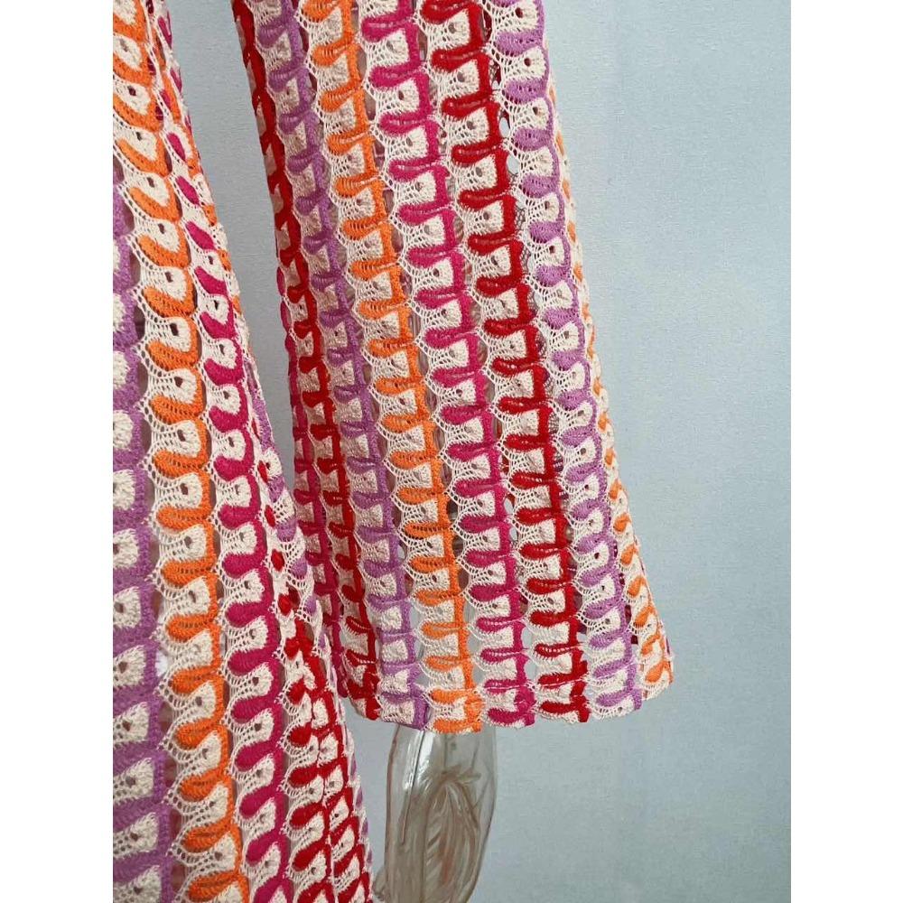 Crochet Colorful Stripe Maxi Dress Women Flare Sleeve V-neck High Split Sexy Long Dresses Beach Banquet Vestidos