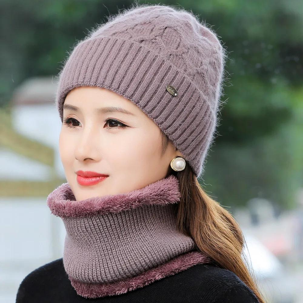 

Нова Жіноча Зимова Шапка Зберігає Тепло Мамина Шапка Плюшева Підкладка З Хутра Теплий Комплект Шапка Для Жінок Повсякденна В язана Шапка З Кролячого Хутра 55cm-60cm світло-фіолетового кольору