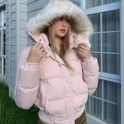 2KWEIRD Winter Neue Pelzkragen Rosa Baumwolle Damen Kapuzenjacke Harajuku High Street Kälteschutz Dicke Baumwolljacke