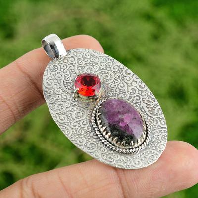 925 Sterling Silver Oval Ruby Zoisite Gemstone Mozambique Garnet Pendant Jewelry