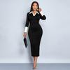 European and American Style Sexy V-neck Shirt Collar Splicing Tight Body Hip-wrapped Version, Thin and Elegant Medium and Long Dress Women