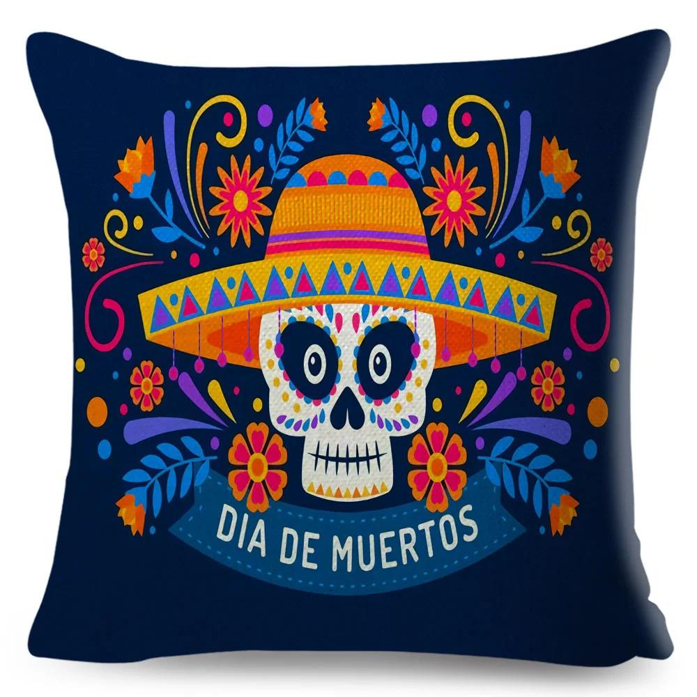 Day Of The Dead Pillowcase Decor Cartoon Mexico Flower Skull Print Cushion Cover for Sofa Home Polyester Pillow Case 45x45cm