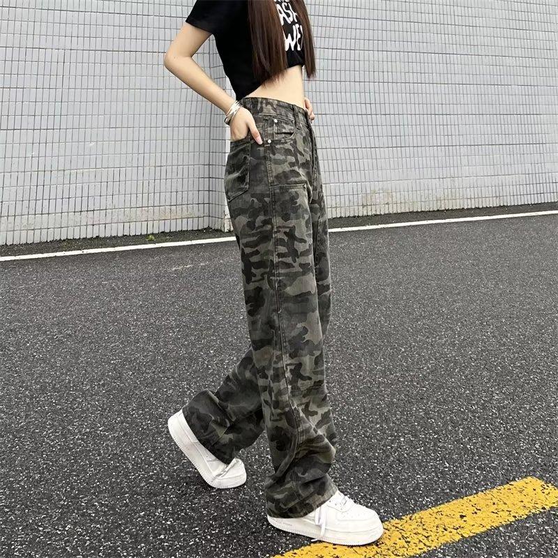 Amerikanische Ins Retro Camouflage Latzhose Herren und Damen Trendige Streetwear Lockere Gerade Jeans