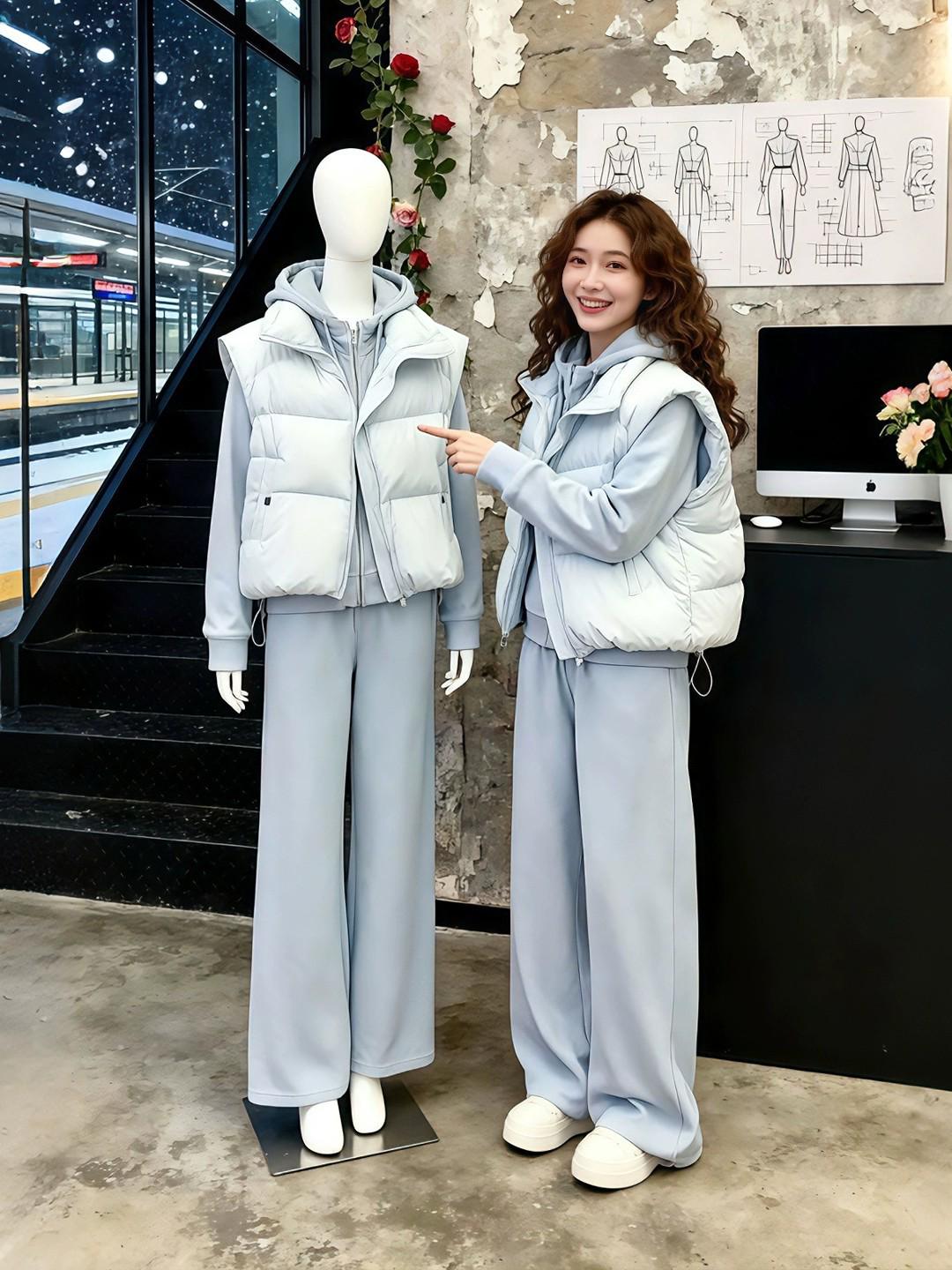 

Women s Winter Outfit: Korean Style Set with Blue Hoodie, Thickened Cotton Coat, and Wide-Leg Pants, 3-Piece Ensemble. XXL