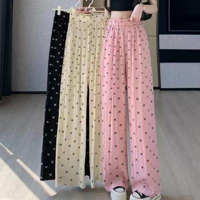Women's Summer High-Waisted Bow Print Wide-Leg Ice Silk Pants