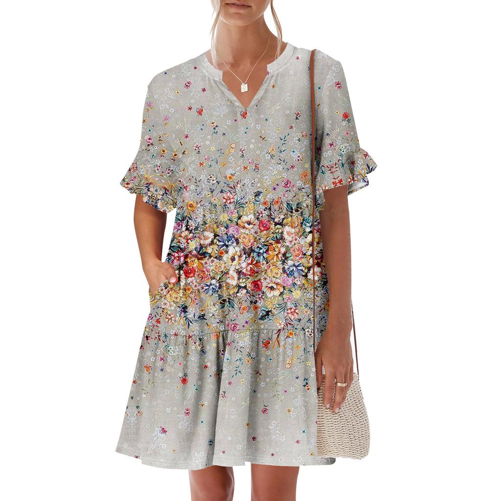 Womens Summer Dress Short Sleeve V Neck Short Dresses Fashion Casual Flowy Boho Ruffle A Line Swing Sundress With Pockets