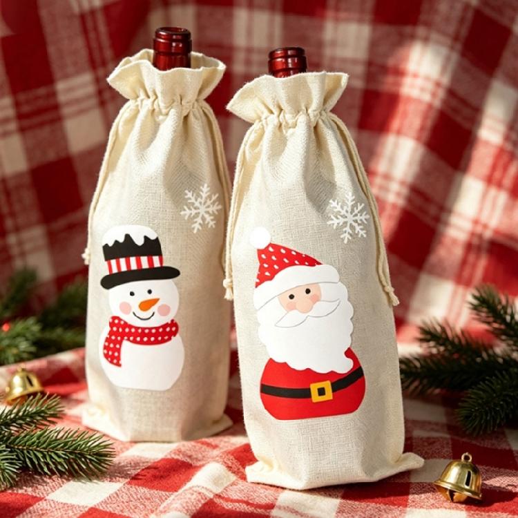 Fabric Wine Bottle Gift Bag for Christmas Presentation, Designed for a Standard Bottle with a Gathered Cord Closure