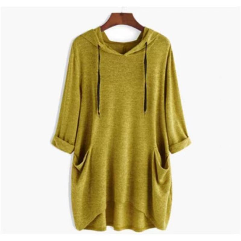 Spring Autumn Women's Hooded Solid Color Loose Long T-shirt Irregular Long Sleeve Pocket Pullover Top