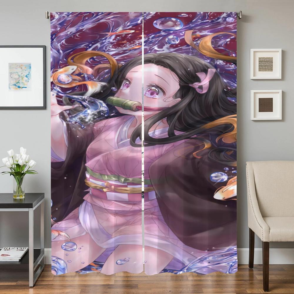 Set Of 2 Window Kitchen Curtains Living Room Door Curtain Demon Slayer Bedroom Decoration Partition Darkening For Area Made Polyester