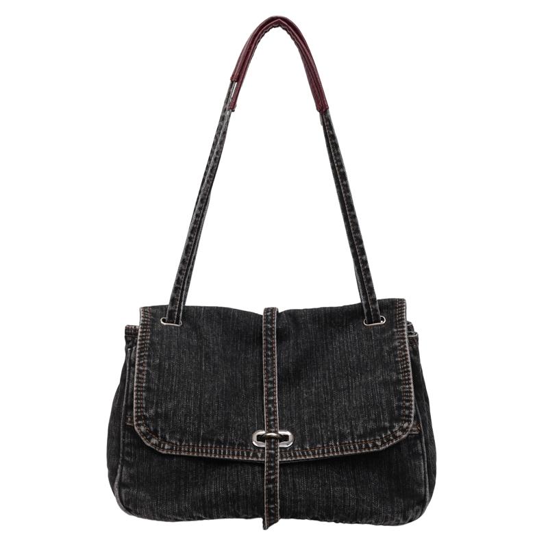 

Denim Large Capacity Shoulder Bags Sewing Solid Color High Quality 2026 New Bags for Women Versatile Commuting Casual Totes чёрный