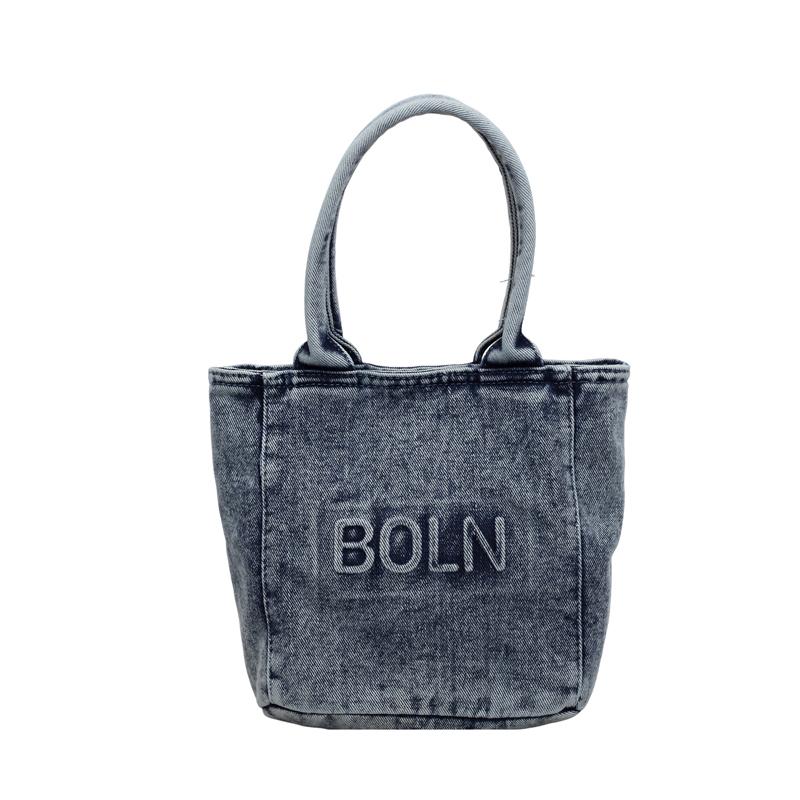 Mini Borsa Tote in Denim Lavato con Design a Lettere Ricamate Manico Superiore Borsa a Mano Piccola Casual per Donne Quotidiana