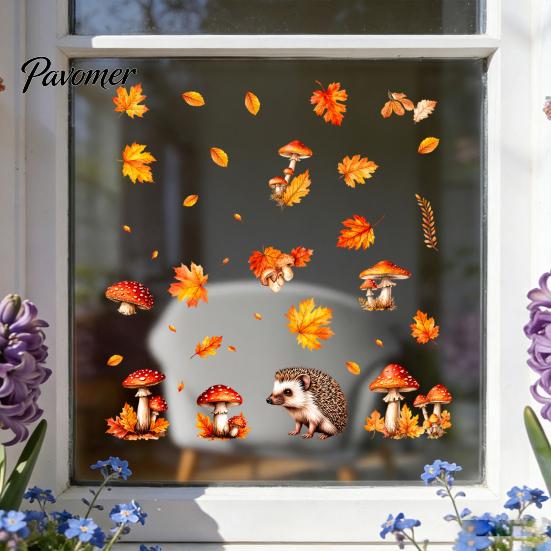 Maple Leaf Decorations 2PCS Autumn Hedgehog Static Window Clings, Fall Mushroom Glass Stickers, Decals No-Adhesive for Home Store Coffee Shop