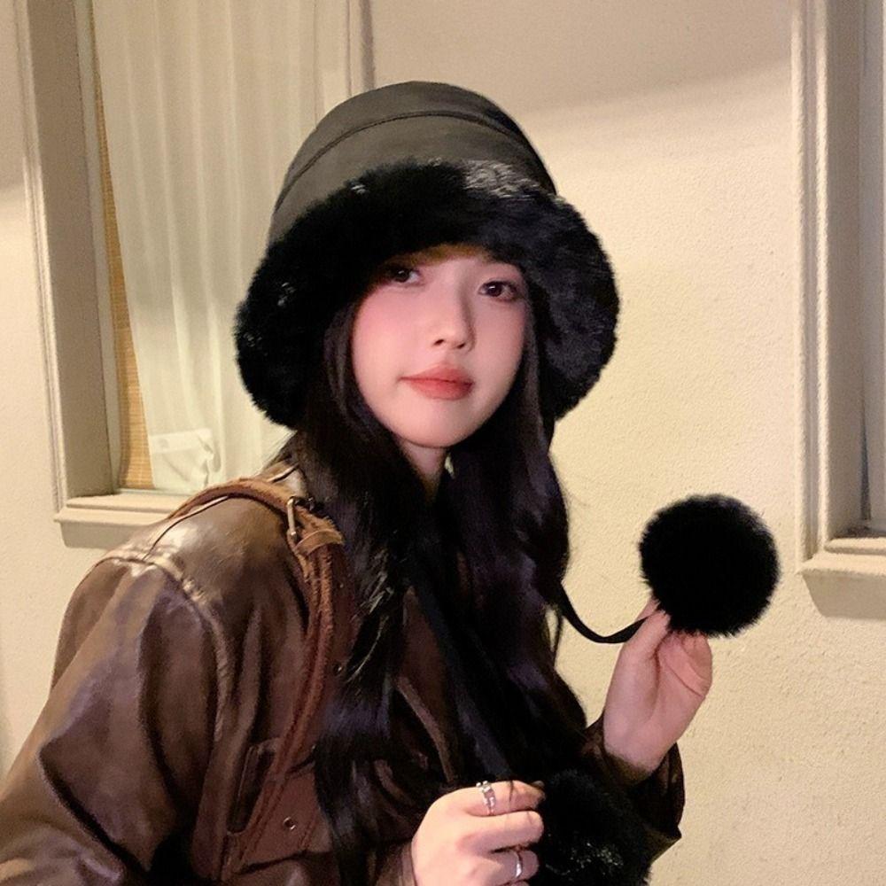 Autumn Winter Women's Plush Hat Ethnic Style Ear Protection Hat Fluffy Fur Bucket Hat  Female