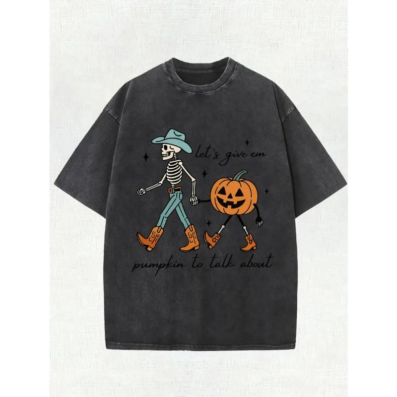 

European sizes Men s T-Shirt - Distressed Soft Washed Oversized Tee with Cowboy Skeleton & Lantern Print, Retro Streetwear Styl S чёрный