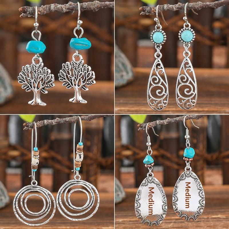 Bohemian Turquoise Dangle Earrings Vintage Silver Tree Of Life Teardrop Spiral Ethnic Drop Earrings For Women Jewelry