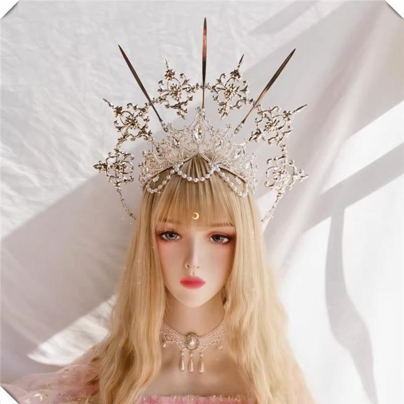 KC Halo Crown Lolita Sun Goddess Virgin Mary Spiked Halo Bride Crown Headpiece Halloween Costume Accessories Baroque Headwear