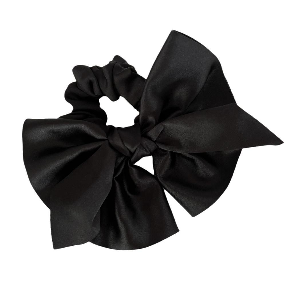 Elegant Black Satin Bow Headband with Elastic Hair Tie for French Bun