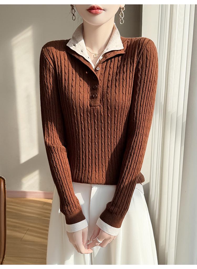 Half-Open Stand Collar Contrast Faux Two-Piece Slim Fit 60s Merino Wool Cable Knit Sweater