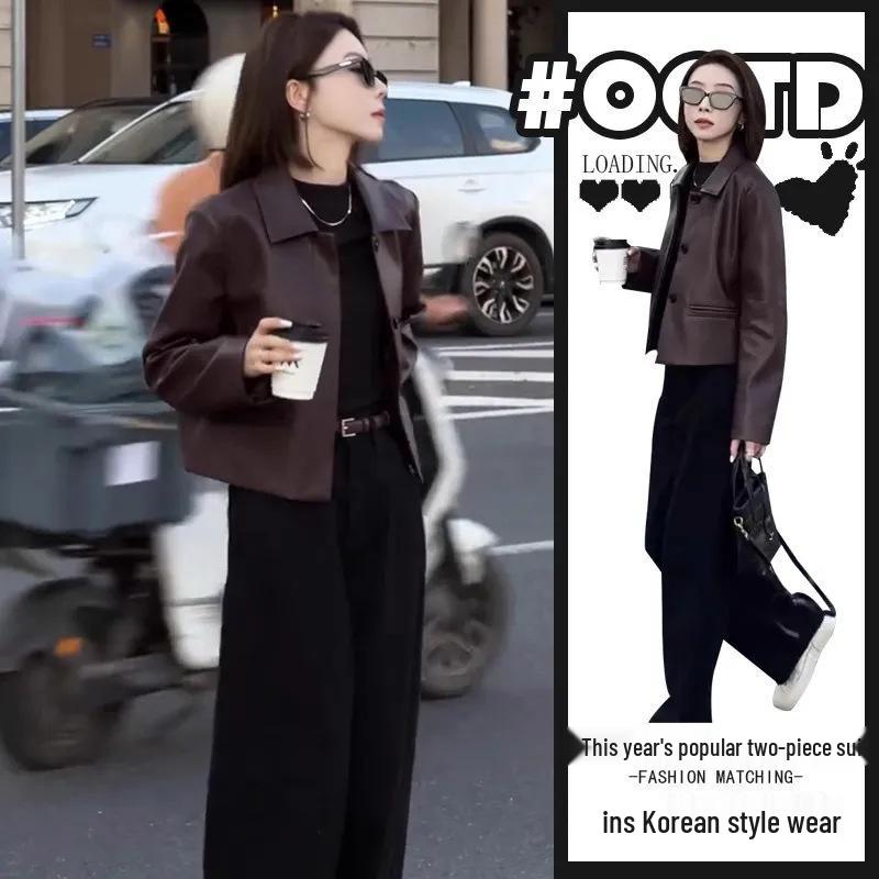 

Women s Two-Piece Set: Wide-Leg Pants & Short Leather Jacket for Spring/Autumn 2024 M [recommended 40-50 kg]