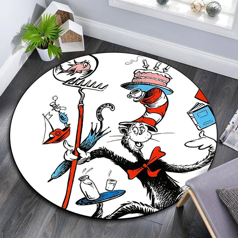 The Cat in the Hat Round Area Rug,Carpet Rug for Living Room Bedroom Sofa Playroom Decor,Non-slip Floor Mat
