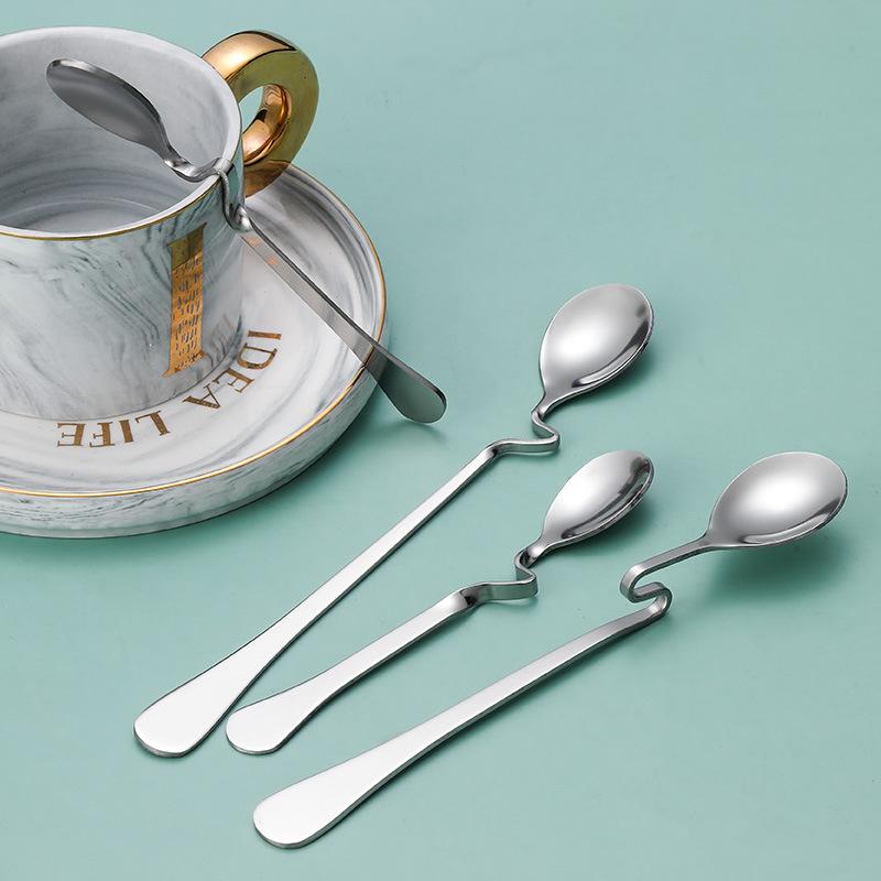 Stainless Steel S-Shaped Hanging Cup Spoon Restaurant Curved Handle Twisting Spoon Coffee Milk Dessert Tea Curved Mixing Spoons