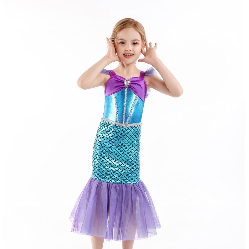 Girls Mermaid Tail Dress Princess Costume Kids 3-8 Years Cotton Blend Short Sleeve Fish Party Gown