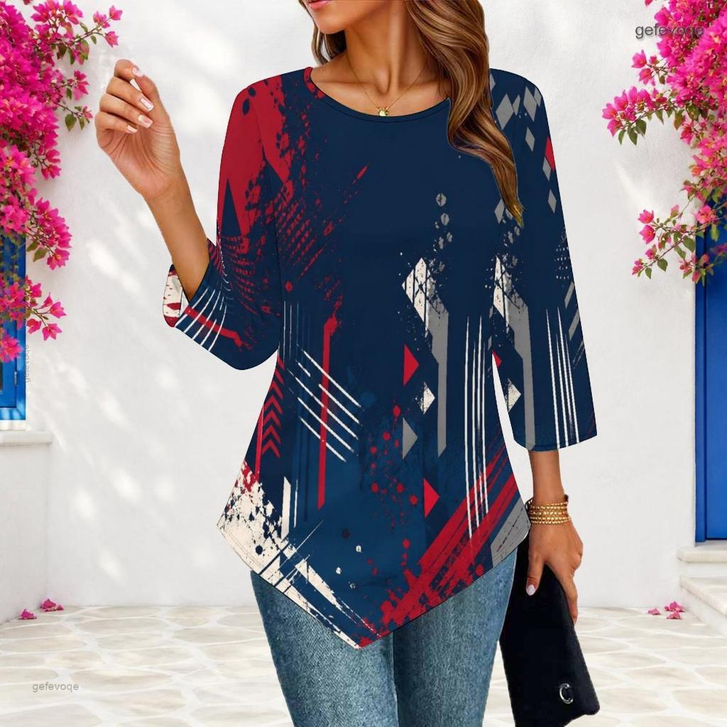 Womens Plus Size Loose Three Quarter Sleeve Blouse Pointed Hem Stylish Casual Top For Ladies Daily Outfit