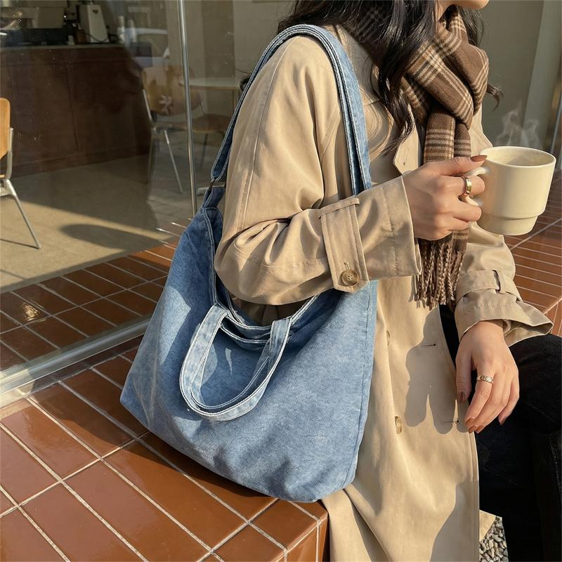 Large Capacity Denim Tote Bag Commuter Handbag Vintage Student Class Shoulder Crossbody Bag