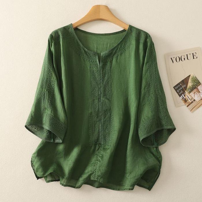 Mother's Summer T-shirt Tencel Linen Loose Casual Women's Blouse Solid Color Short-sleeved Bottoming Shirt