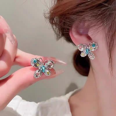 New French Retro Colored Diamond Metal Butterfly Stud Earrings Women's Personality Simple and Versatile Temperament Fashion Earrings