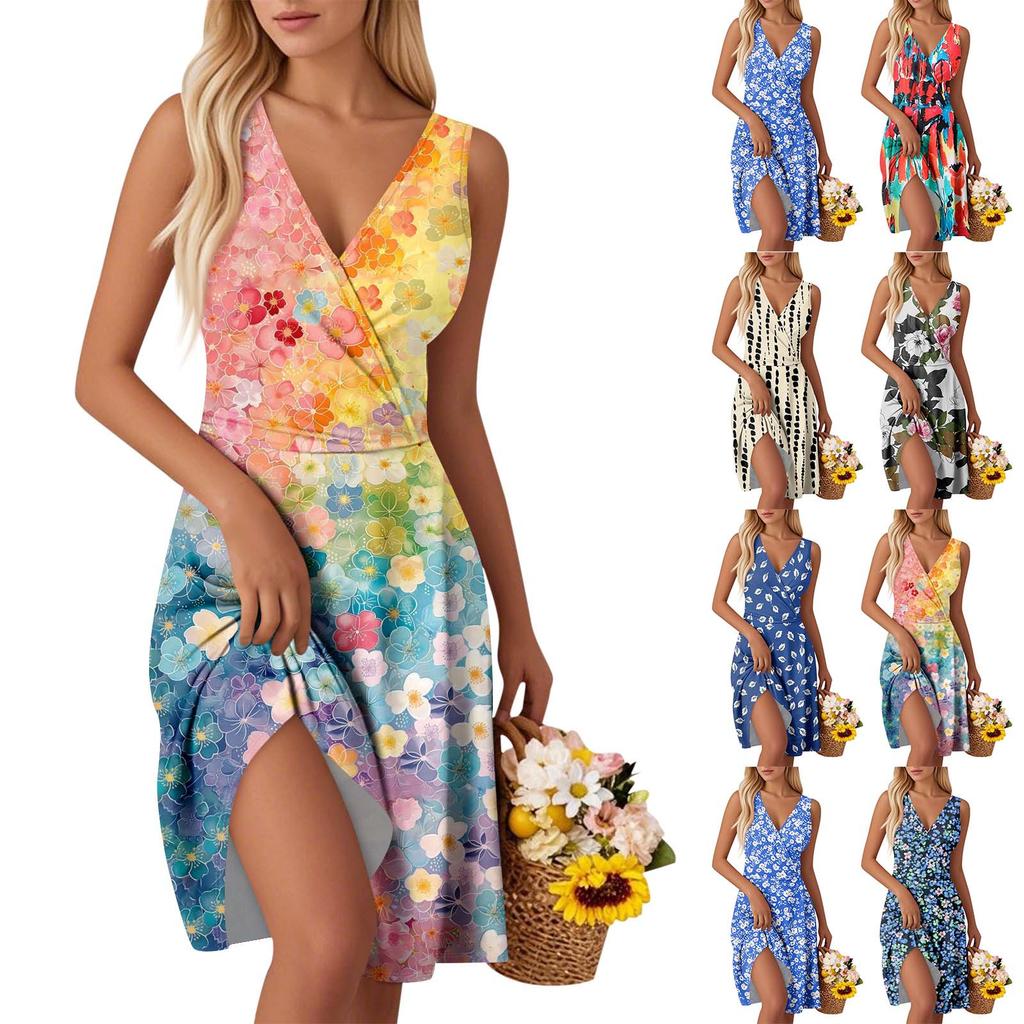 Women's Fashion V-Neck Waist Printed Sleeveless Vest Dresses