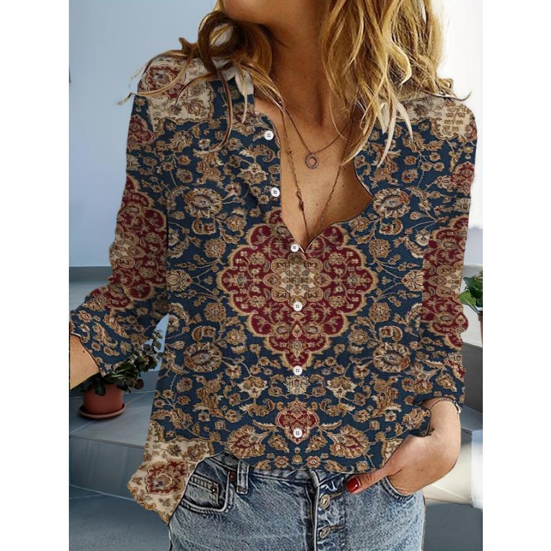 Women's Casual Unique Pattern Design Blouse Lapel Neck Blouse Women Long Sleeve Shirts Womens Clothing Female Clothing