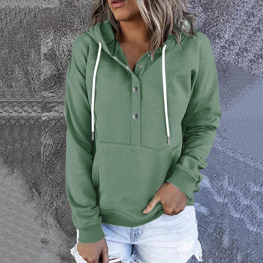 Damen Pullover Hoodies Tops Lässige Button-Down-Sweatshirts mit langen Ärmeln und Taschen