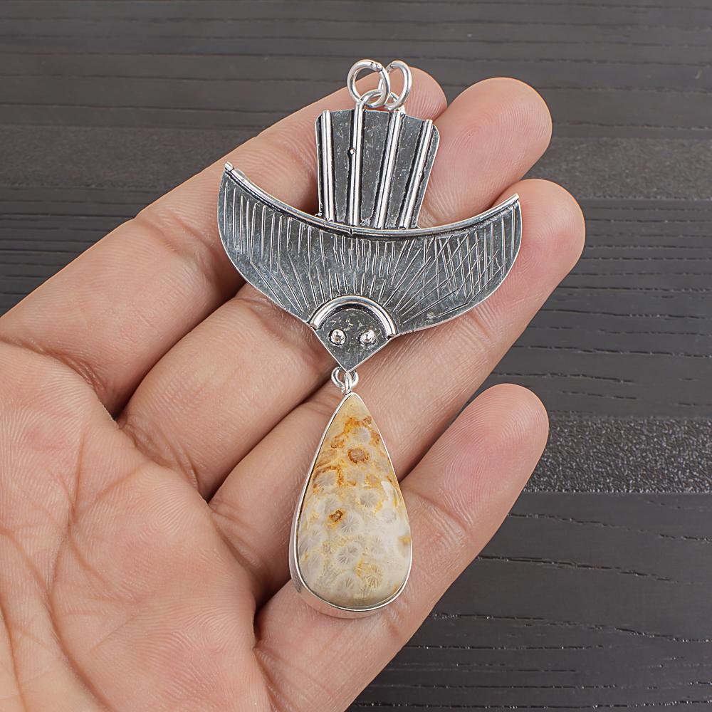 

Natural Yellow Fossil Coral Gemstone 925 Sterling Silver Jewelry Pendant 3.1 AJP-2087