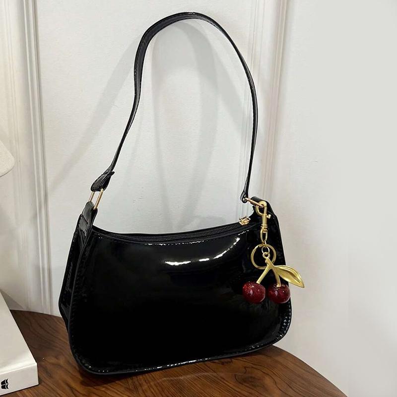 Glossy PU Leather Handbag Versatile Fashion Solid Color Cherry Pendant Shoulder Bag Casual Commuting Tote Bag Girls Underarm Bag