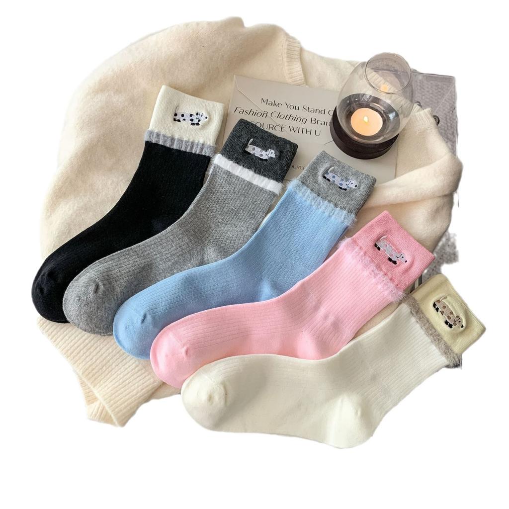 Cute Cartoon Dachshund Dog Socks Medium Tube Socks Tide Spring And Autumn Mink Velvet Color Matching Student Gray Stockings