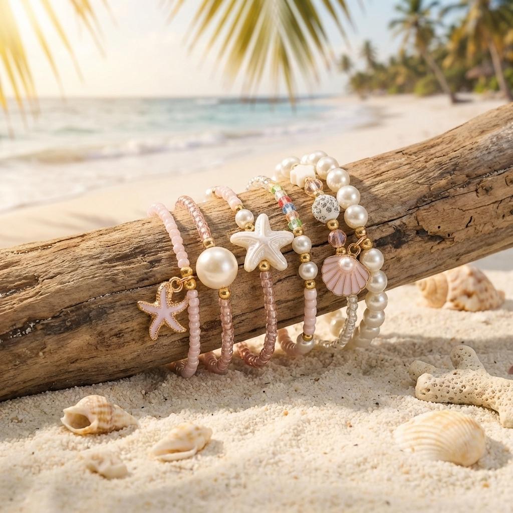 Dainty Shell Imitation Pearl Stretch Bracelets for Women Multilayer Starfish Beaded Stackable Hand Chain Vacation Jewelry Gift