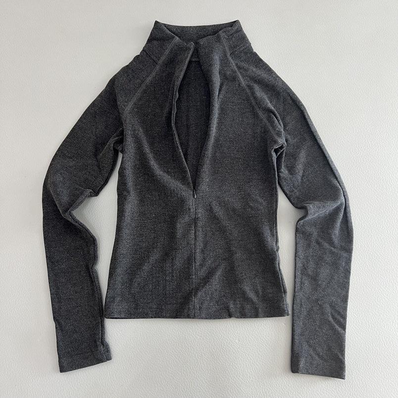 Dámské přiléhavé elastické tričko svetr s dlouhým rukávem se stojáčkem a skrytým zipem