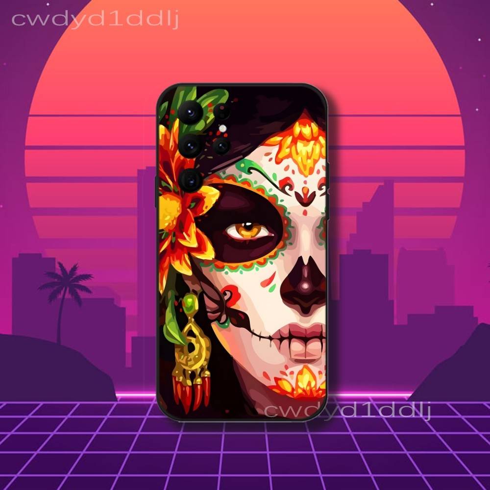 Mexican Catrina Skull Girls Phone Case For Samsung S10,S21,FE,S21 ,S26,S25,S24,S23,Ultra,S9,S22,Plus Black Shockproof Silicone