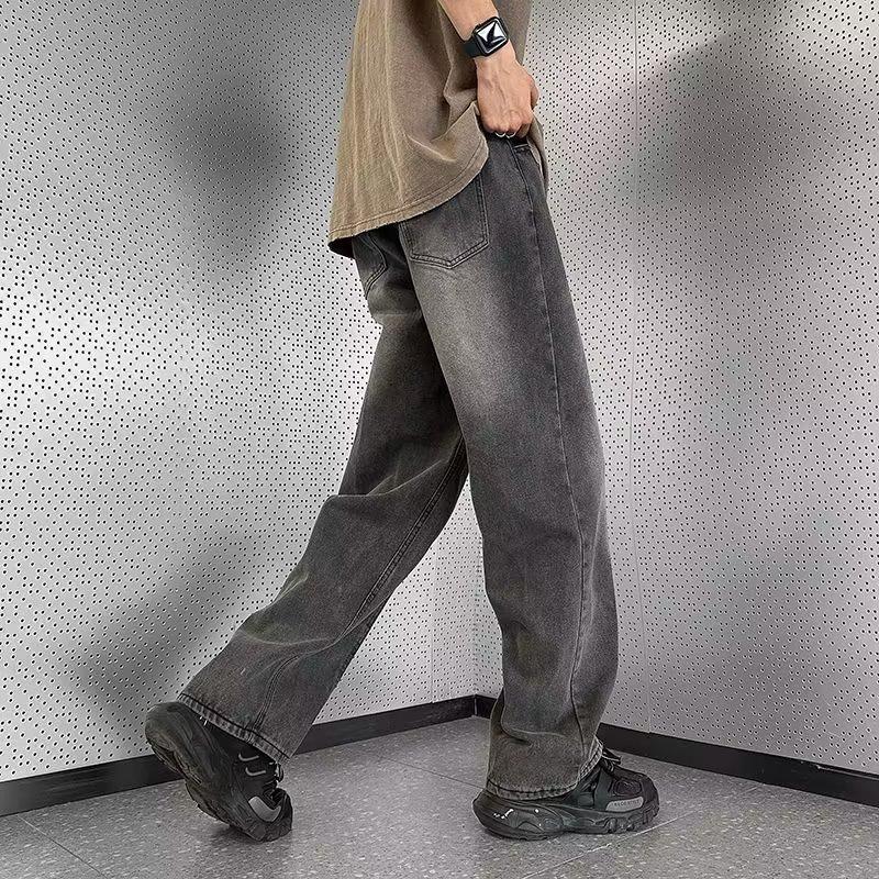 Spring youth popular ins loose straight zipper trousers spell material tide wash new middle waist men's jeans