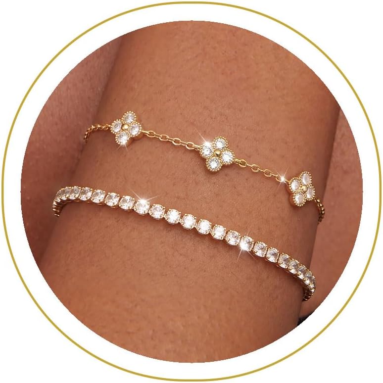 14K Gold Plated Bracelet for Women, Stackable Link Bracelet Set