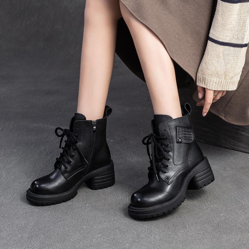 Fashion GKTINOO 2025 Genuine Leather Platform Boots Women Shoes Autumn Winter 6cm Thick Heels Ankle Boots Lace Up Zipper Ladies Pumps