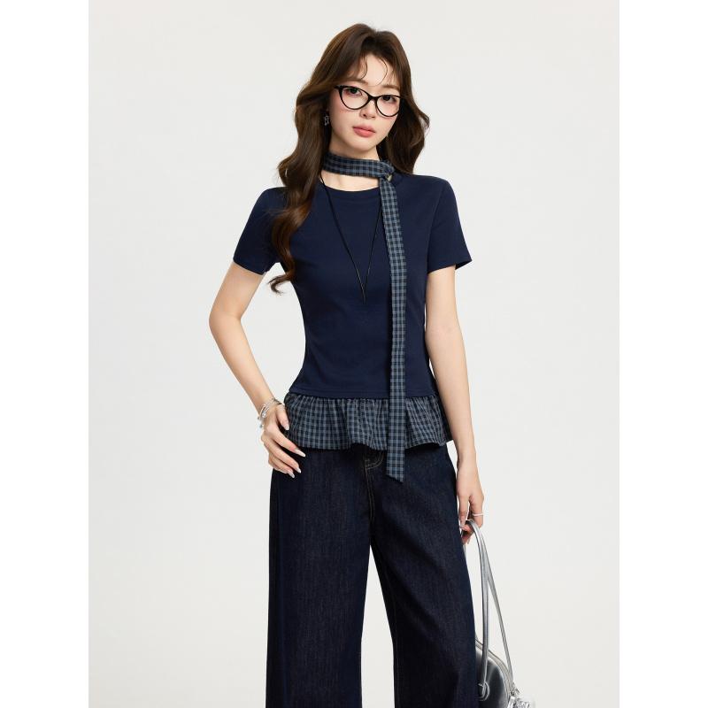 Fake Two-Piece Plaid Short-Sleeve T-Shirt With Lace Hem For Women New Spring/Summer Base Shirt With Ribbons