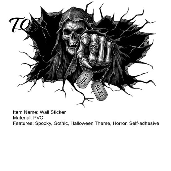 Wall Decal Grim Reaper Sticker, 3D Breaking Through Art Decal, Secret Room Prop Scary Skull Mural for Home Bar Pub Halloween Party Supplies Removable