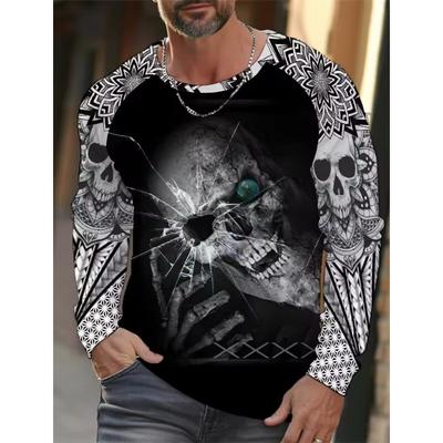 Męski T-shirt z długim rękawem z nadrukiem 3D w wysokiej rozdzielczości, z nadrukiem szwów czaszki, męskie jesienne topy, casualowy okrągły dekolt, odzież domowa